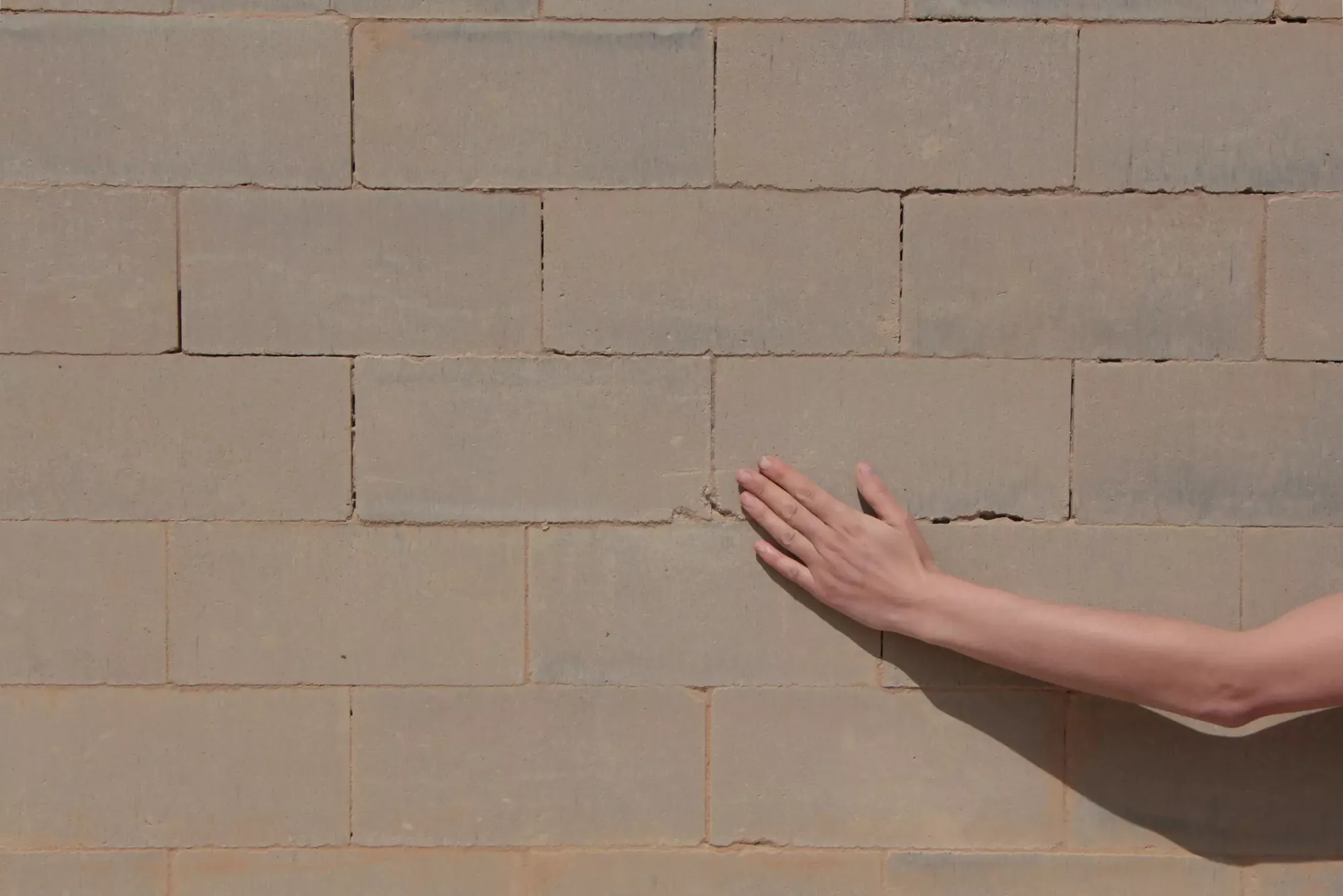 Main posée sur un mur de blocs de terre comprimée — texture, appareillage et couleur réelle de la terre crue (nom de fichier d'origine : « Compressed Blocs wall - touch »)