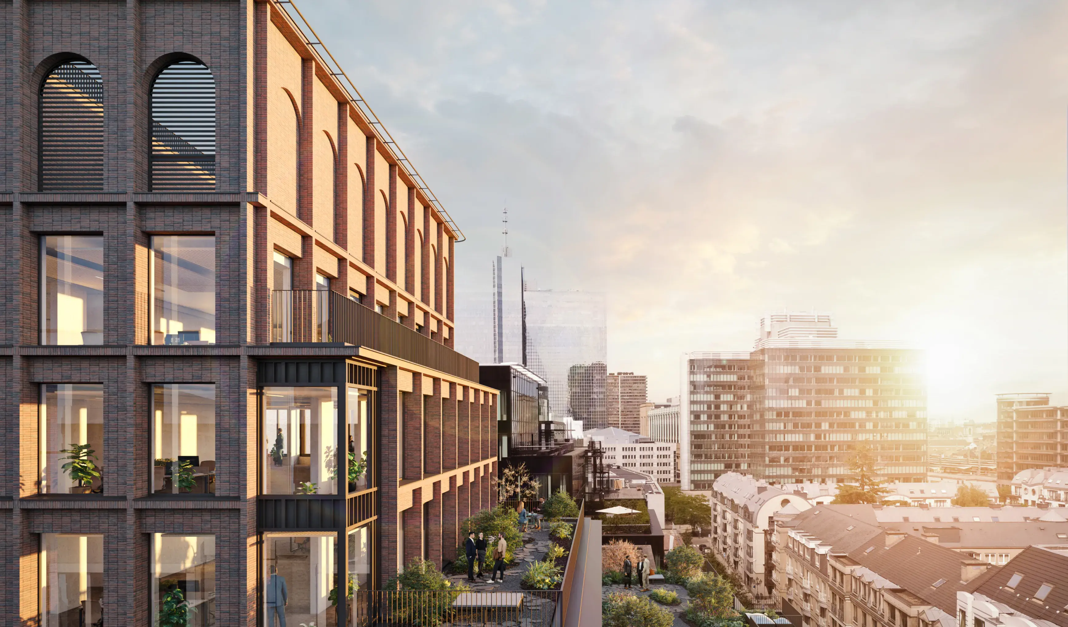 The Arch, Bruxelles · les terrasses plantées et la ville au couchant